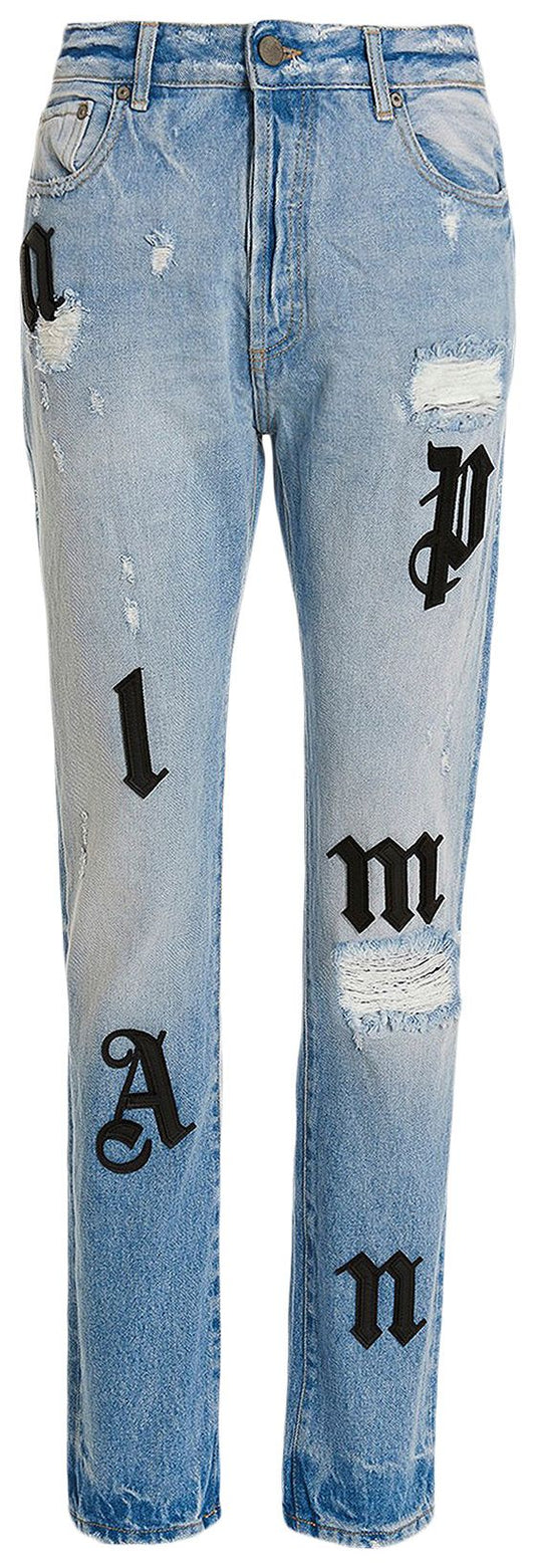 PALM ANGELS LOGO PATCHES STRAIGHT LEG JEANS 'LIGHT BLUE/BLACK'