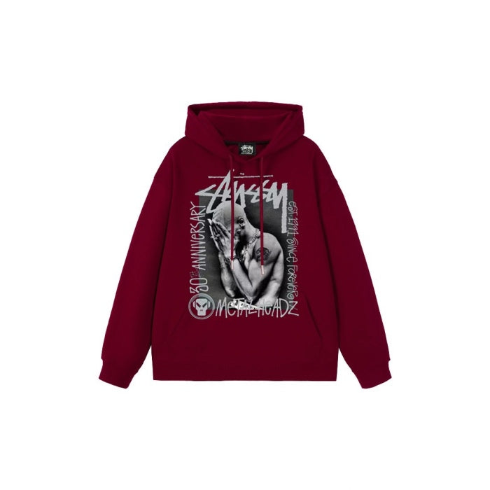 Stu$$y x Metalheadz SS24 collaboration hoodie with chest logo and character graphic print