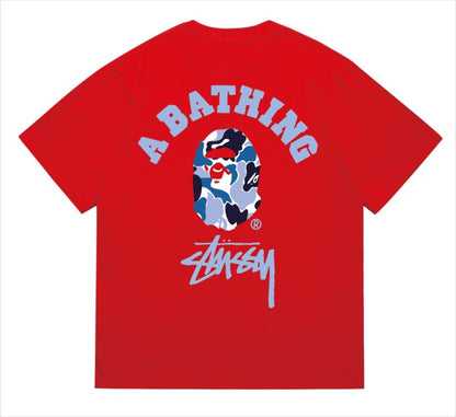 BAPE×Stuss! Blue Color Camo By Bathing Tee