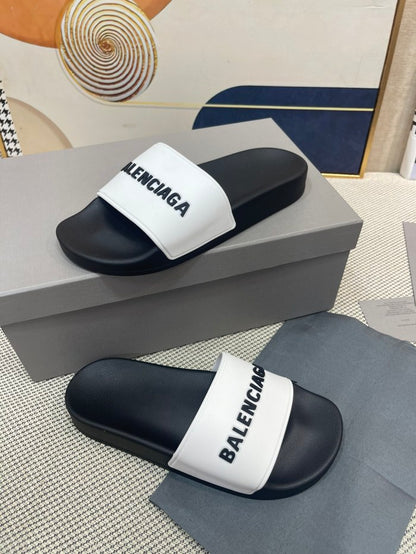 Balenciag* Pool Slide Logo White Black