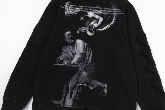 Off-White 24SS new black-and-white portrait oil painting washed hoodie Black