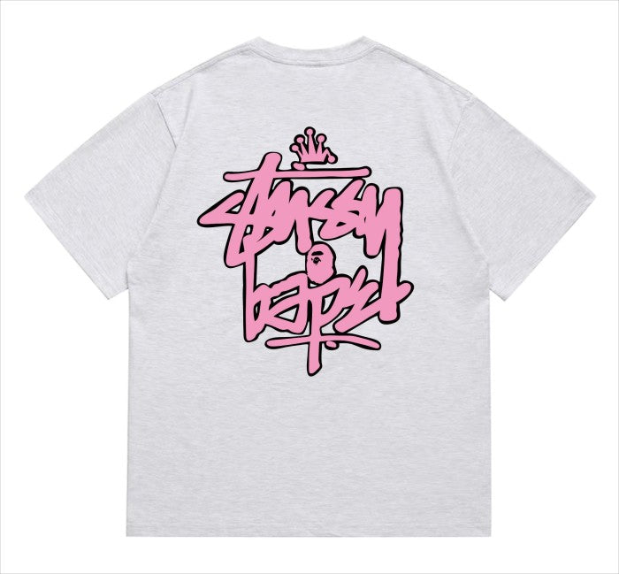 BAPE×STUSS! PINK COLOR LOGO LETTERING TEE