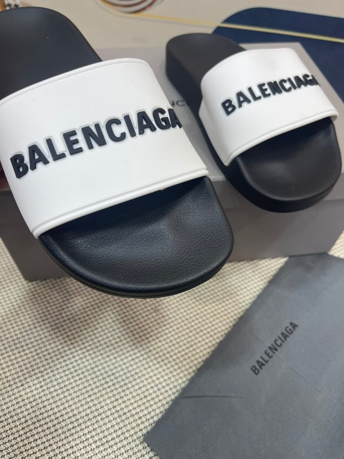 Balenciag* Pool Slide Logo White Black