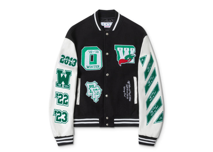 Off-White 2024 Fall/Winter new heavy embroidery patchwork leather varsity jacket in black, unisex