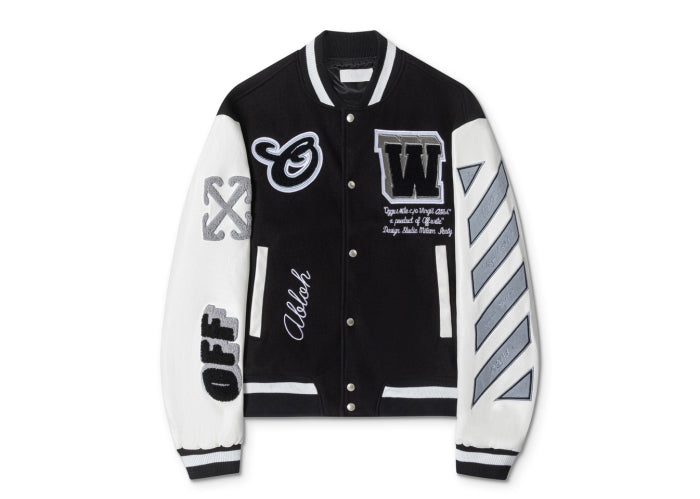 OFF-WHITE 2024 Fall/Winter new heavy embroidery patchwork leather varsity jacket