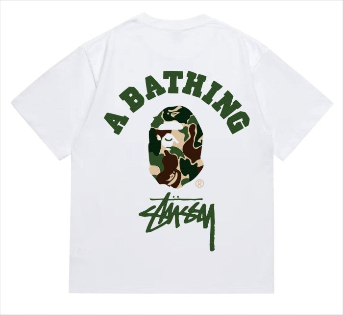 BAPE×Stuss! Green Color Camo By Bathing Tee