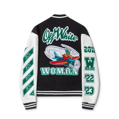 Off-White 2024 Fall/Winter new heavy embroidery patchwork leather varsity jacket in black, unisex