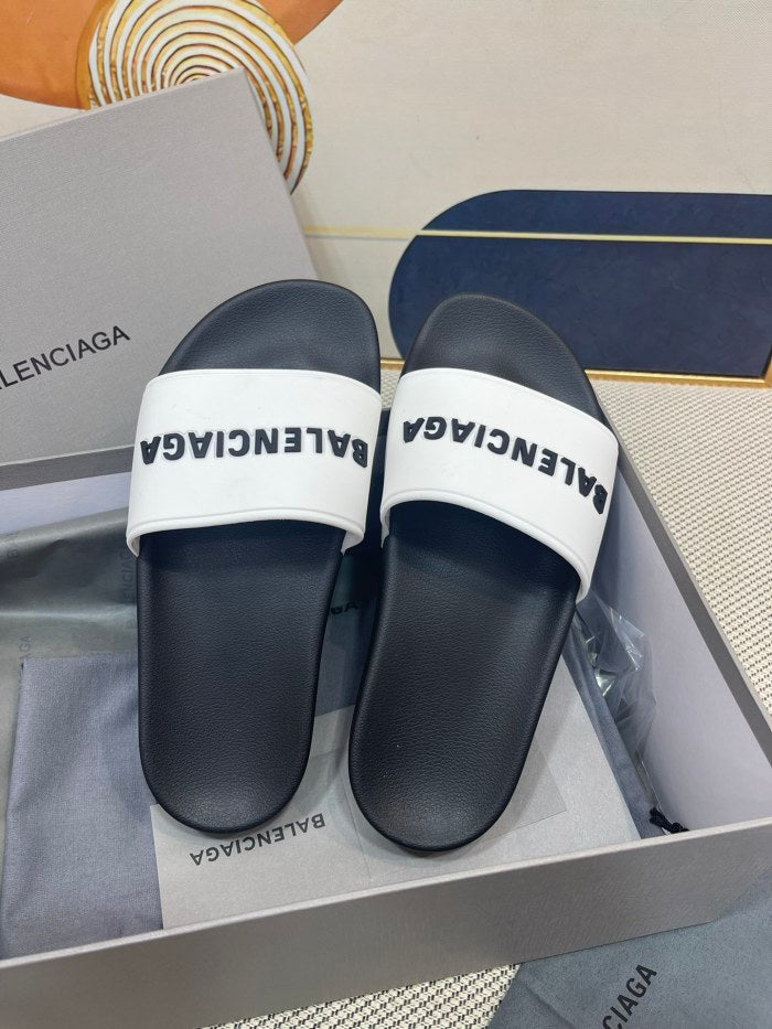 Balenciag* Pool Slide Logo White Black