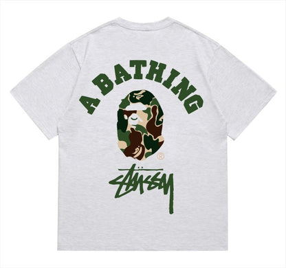 BAPE×Stuss! Green Color Camo By Bathing Tee