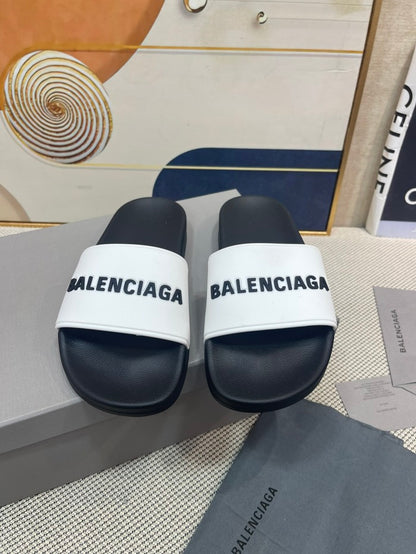 Balenciag* Pool Slide Logo White Black