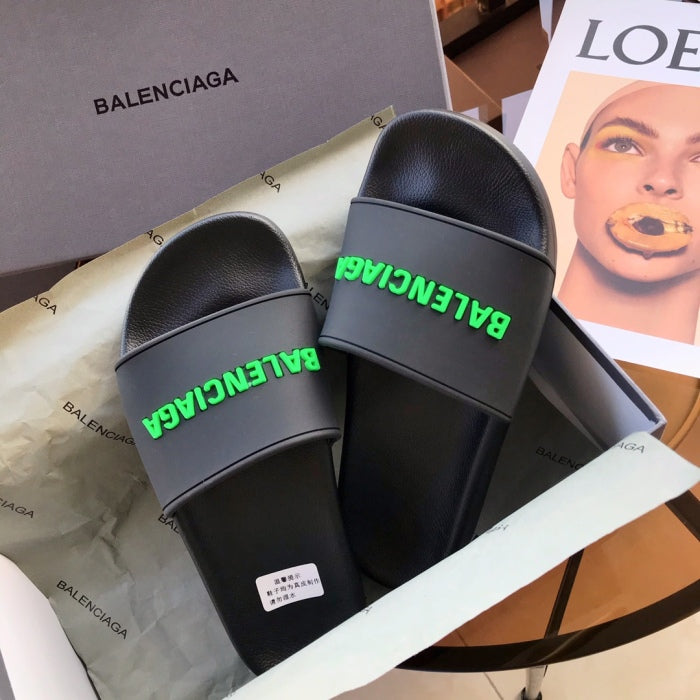 Balenciag* Pool Slide Black Fluo Green