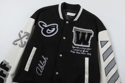 OFF-WHITE 2024 Fall/Winter new heavy embroidery patchwork leather varsity jacket