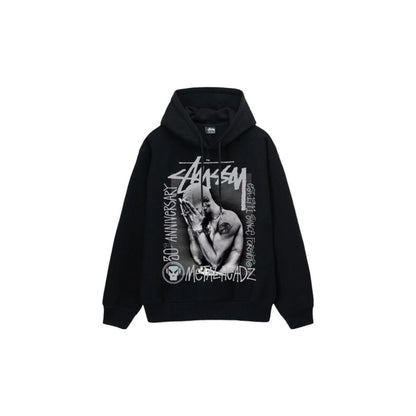 Stu$$y x Metalheadz SS24 collaboration hoodie with chest logo and character graphic print